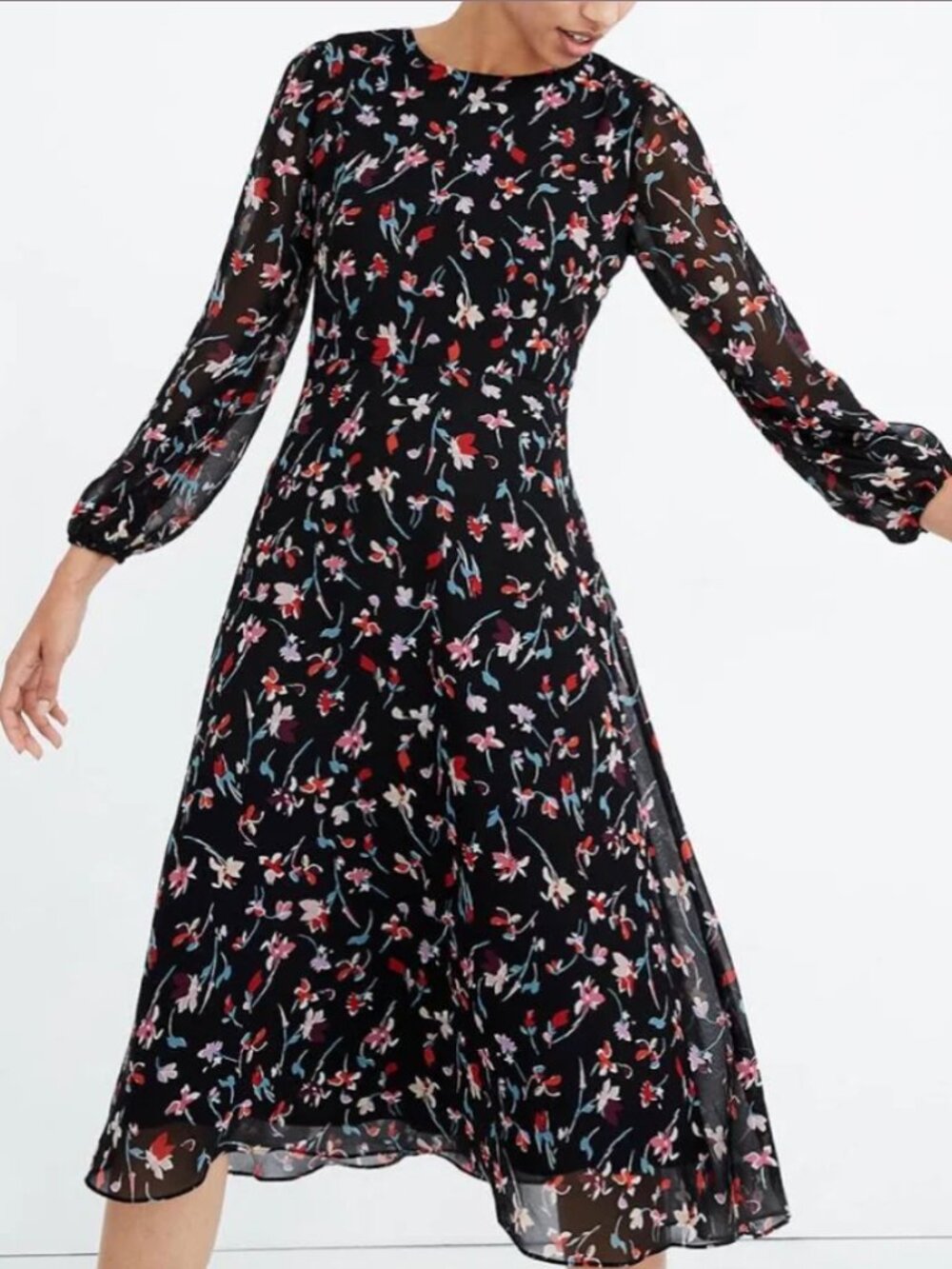 Madewell Drifting Flowers Long Sleeve Midi Dress